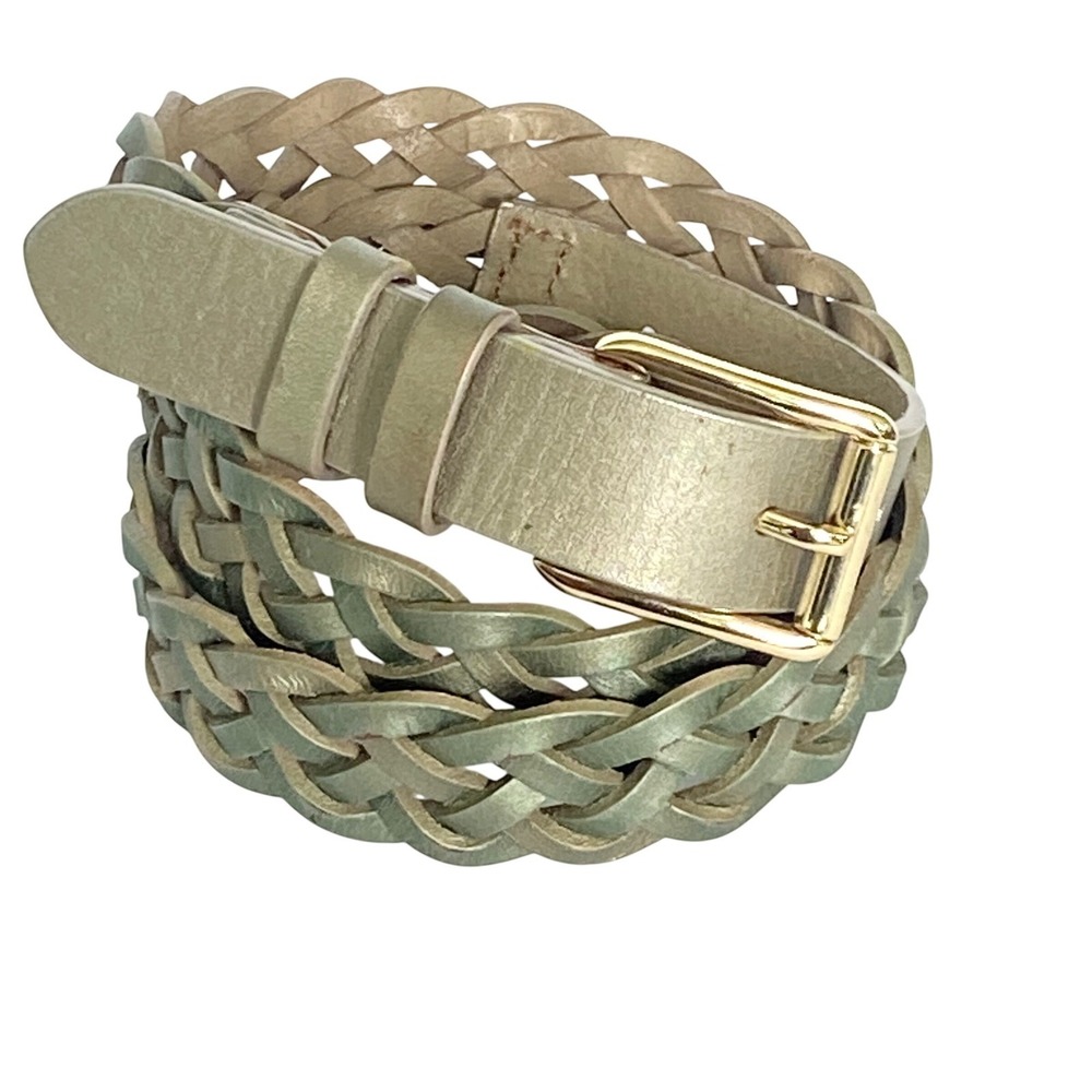 Talbots Womens Metallic Sage Green Braided Leather Belt Gold Buckle 31-35 inches